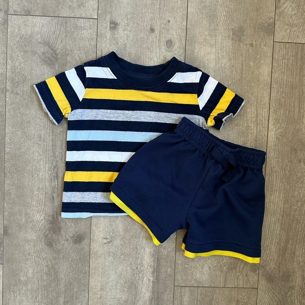 12 M Baby Boy Outfit Athletic Shorts & Stripe Shirt Carter’s Garanimals Clothes